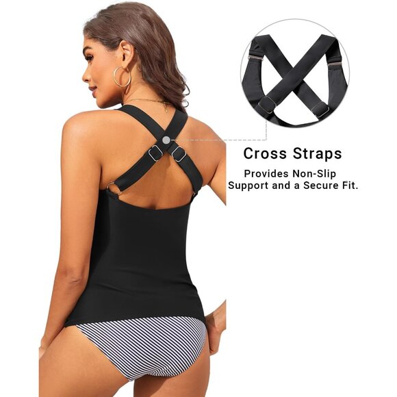 Women Tankini Top Plus Size Tummy Control Swimwear V-Neck Adjustable Straps - Picture 5 of 6
